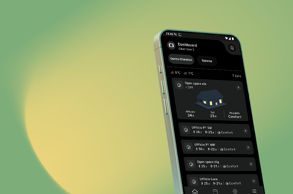 Telefono con applicazione Clivet eye, puoi gestire la tua temperatura ideale direttamente dallo smartphone