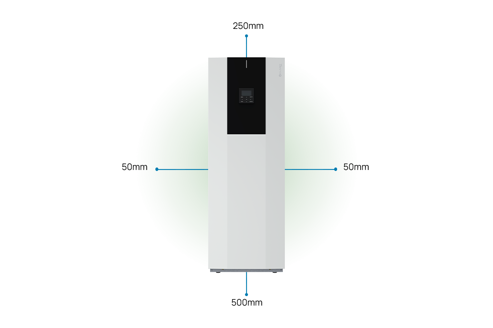 Priporočene varnostne razdalje od notranje enote: 50 mm na straneh, 500 mm spredaj, 250 mm nad enoto.
