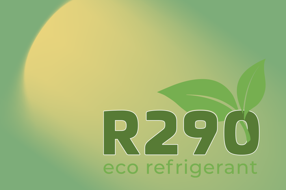 Logotip okolju prijaznega hladilnega sredstva R-290, ki segreva več in porabi manj energije